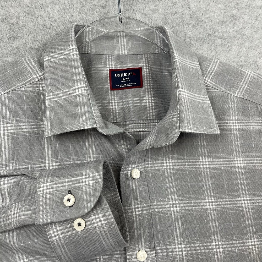 UNTUCKit Shirt Mens L Light Gray Plaid Perez Perf Flannel Button Stretch Casual